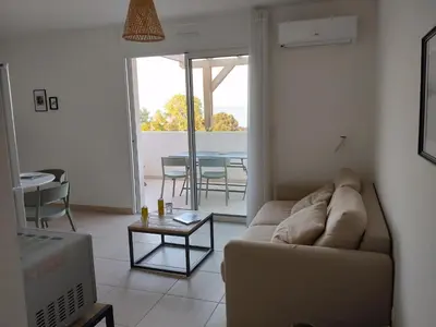 a living room with a couch and a table at T3 Corse vue mer. pieds dans l'eau N164 in Linguizzetta