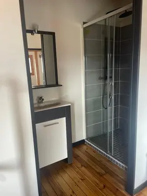 a bathroom with a shower and a sink and a mirror at Chalet in Tasso