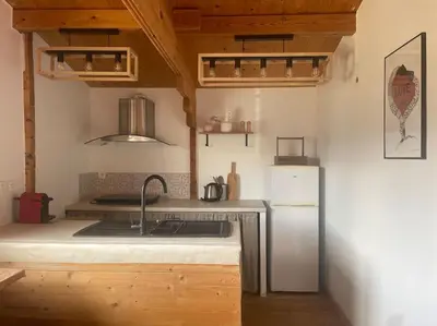 a kitchen with a sink and a refrigerator at Chalet in Tasso