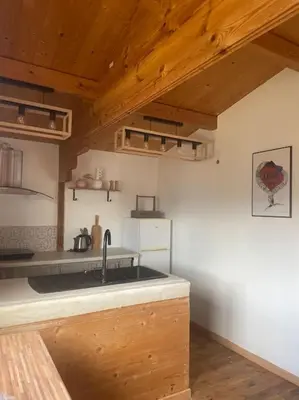 a kitchen with a sink and a white refrigerator at Chalet in Tasso