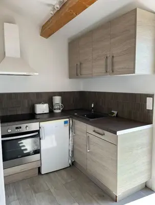 a kitchen with wooden cabinets and a white refrigerator at Appartement bord de mer 2 personnes in Sagone