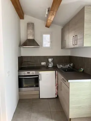 a kitchen with a stove and a sink at Appartement bord de mer 2 personnes in Sagone