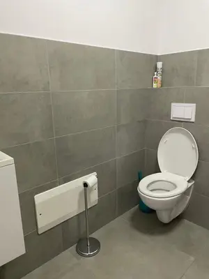 a bathroom with a white toilet in a room at Les Toits de Moriani in San-Nicolao