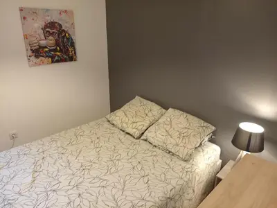 a bedroom with a bed and a painting on the wall at Ravissant appartement au cœur de Piana in Piana