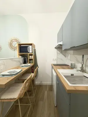 a kitchen with a counter with a sink and a microwave at Le cocon du Roi Jérôme - Hypercentre in Ajaccio