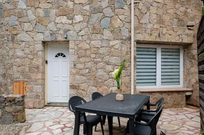 a table with a vase with a flower on it at Appartement départ GR20 in Calenzana