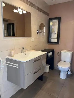 a bathroom with a sink and a toilet and a mirror at Studio 1 avec piscine & vue sur la baie d'Ajaccio in Alata