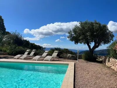 a swimming pool with lounge chairs and a tree at Studio 1 avec piscine & vue sur la baie d'Ajaccio in Alata