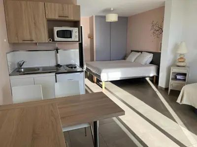 a small apartment with a kitchen and a bed at Studio 1 avec piscine & vue sur la baie d'Ajaccio in Alata