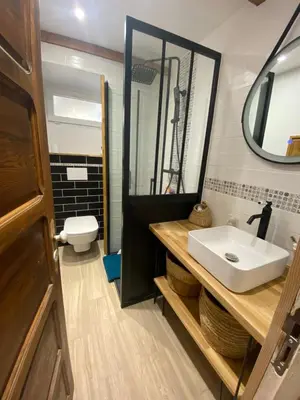 a bathroom with a sink and a mirror at T2 Paisible et cosy in Sollacaro