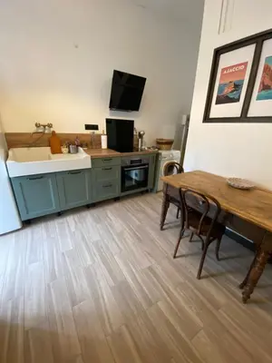 a kitchen with a sink and a wooden table at T2 Paisible et cosy in Sollacaro