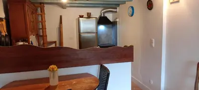 a kitchen with a refrigerator and a wooden table at NIOLU in Albertacce