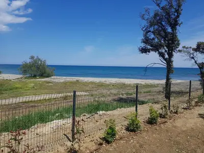 a fence on a beach with a tree and the ocean at Bravone 74- piscine en résidence-clim-wifi-pieds dans l'eau in Linguizzetta