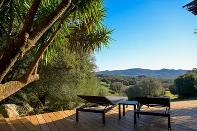 two chairs and a table on a deck with palm trees at I Carbonni - Bergerie 80m2 entre mer et montagne in Sotta