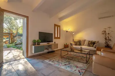 a living room with a couch and a tv at I Carbonni - Bergerie 80m2 entre mer et montagne in Sotta
