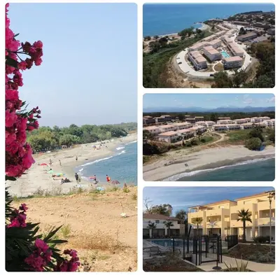four pictures of a beach with condos and the ocean at Appart. en Corse t3 bord de mer et piscine. N 143 in Linguizzetta