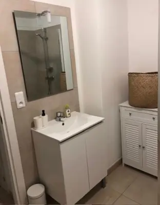 a white bathroom with a sink and a mirror at Appart. en Corse t3 bord de mer et piscine. N 143 in Linguizzetta