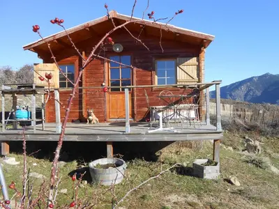 a log cabin with a dog sitting on a deck at Les Chalets De Lozzi in Calacuccia