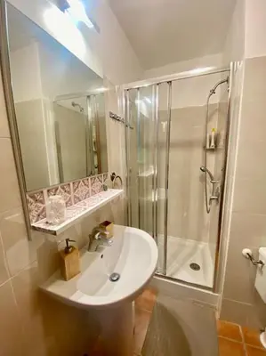 a bathroom with a sink and a shower at Appartement en bord de mer avec piscine in San-Nicolao