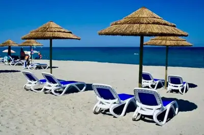 a group of chairs and umbrellas on a beach at Appartement en bord de mer avec piscine in San-Nicolao