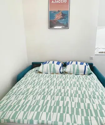 a bed with two pillows and a picture on the wall at Studio 2 Personnes Plein Centre Rue Piétonne in Ajaccio