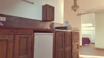a kitchen with wooden cabinets and a white refrigerator at Appartement Corse Extrême-Sud in Monacia-dʼAullène