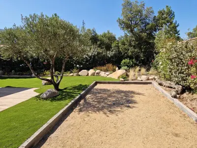 a garden with a tree in the middle of a yard at Villa ALVALMAX in Porto-Vecchio