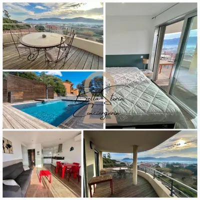 a collage of pictures of a bedroom and a pool at Appartement Sole - vue golfe de Porto Vecchio in Porto-Vecchio
