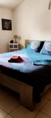 a bedroom with a large bed with blue sheets at Villa les pieds dans l'eau in Borgo