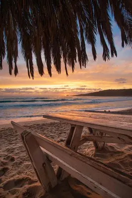a picnic table on the beach with a sunset at Bel appartement 2 chambres à Proximité des Commodités in Sarrola-Carcopino