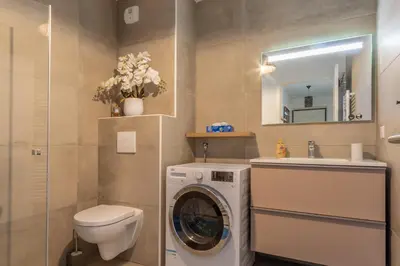 a bathroom with a washing machine and a sink at Les Terrasses de l'Isolella - Vue mer et montagne in Pietrosella