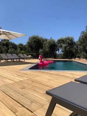 a pool with a pink rubber duck in the water at Résidence 3 étoiles Pietra Gemina - Appartements de vacances, au calme, avec Piscine in Calenzana