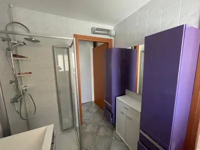 a bathroom with a shower and a purple cabinet at Immeuble le Mozart in Ajaccio