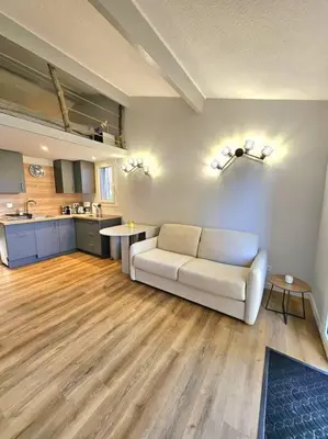 a living room with a couch and a kitchen at Mini Villa Bord de Mer - Idylle BY MONARCA in San-Nicolao