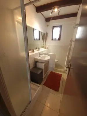 a bathroom with a shower and a sink and a toilet at Villa Frati in Poggio-Mezzana