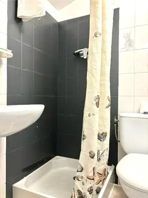 a bathroom with a toilet and a shower curtain at HÖTEL U SANTA MARIA in Olmeto