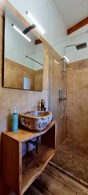 a bathroom with a stone sink and a shower at Bergerie A Sapara in Pianottoli-Caldarello
