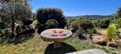 a stone table with food on it in a garden at Bergerie A Sapara in Pianottoli-Caldarello