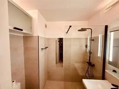 a bathroom with a shower and a sink at Charmant T2 rénové avec vue mer in Cervione