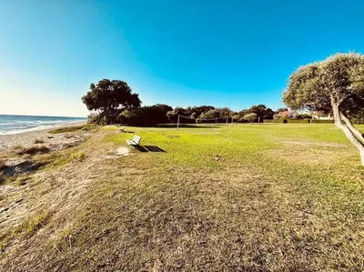 a field of grass next to the ocean with trees at Charmant T2 rénové avec vue mer in Cervione