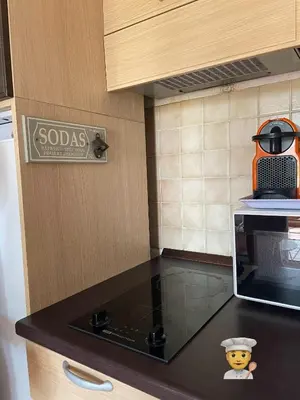 a kitchen with a counter top with a microwave at Appartement 2 pièces bord de mer in Linguizzetta