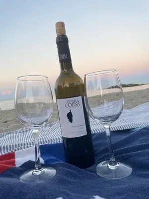 a bottle of wine and two wine glasses on a table at Appartement 2 pièces bord de mer in Linguizzetta