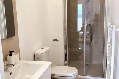 a bathroom with a shower and a toilet and a sink at Studio 2 personnes vue mer et pieds dans l'eau in Linguizzetta