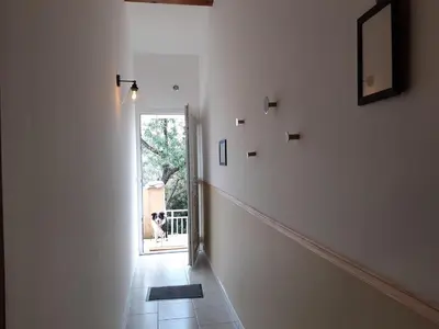 a hallway with a dog looking out of a door at A CASA DI PAULINA in Serra-di-Ferro