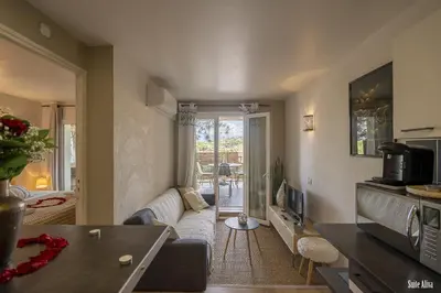 a living room with a couch and a tv at Résidence CasaBianca Porticcio - Aliva in Porticcio