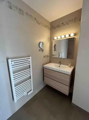 a bathroom with a sink and a mirror at Studio 2 avec piscine & vue sur la baie d'Ajaccio in Alata