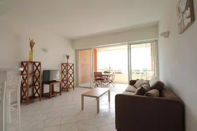 a living room with a couch and a table and a television at T2 ARIA MARINA Route des Sanguinaires, Vue MER, Terrasse , Parking, Plage à 50M - 4pers in Ajaccio
