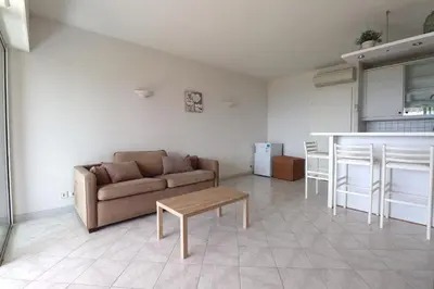 a living room with a couch and a table at T2 ARIA MARINA Route des Sanguinaires, Vue MER, Terrasse , Parking, Plage à 50M - 4pers in Ajaccio