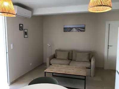 a living room with a couch and a coffee table at Appartement bord de mer T4 marina di bravonne N5-6 in Linguizzetta