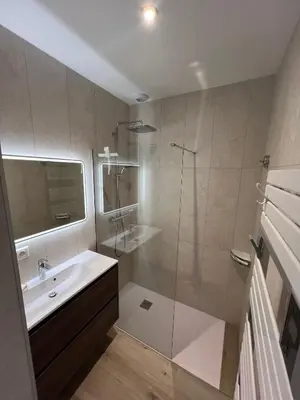 a bathroom with a sink and a glass shower at joli T4 centre ville Porticcio in Grosseto-Prugna